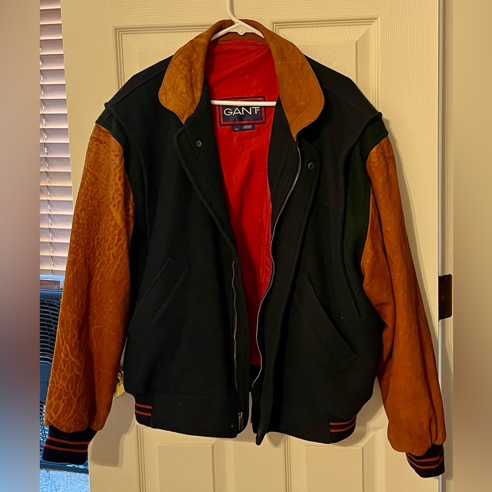*SOLD* Gant Black and Brown Bomber Jacket with Leather Sleeves